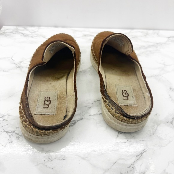 UGG Caleel Sz 5 Chestnut Brown Leather Whipstitch Espadrille Slip On Mules - Picture 3 of 6